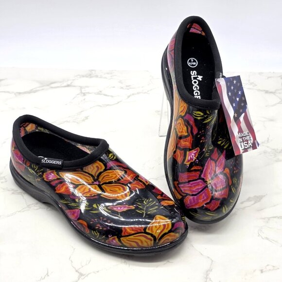 Sloggers Shoes - Sloggers Rain Shoes Garden Boots Women 6 Waterproof Slip on Black Floral Low NEW
